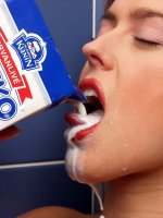 Naughty blonde slut getting milk-washed in tubbath